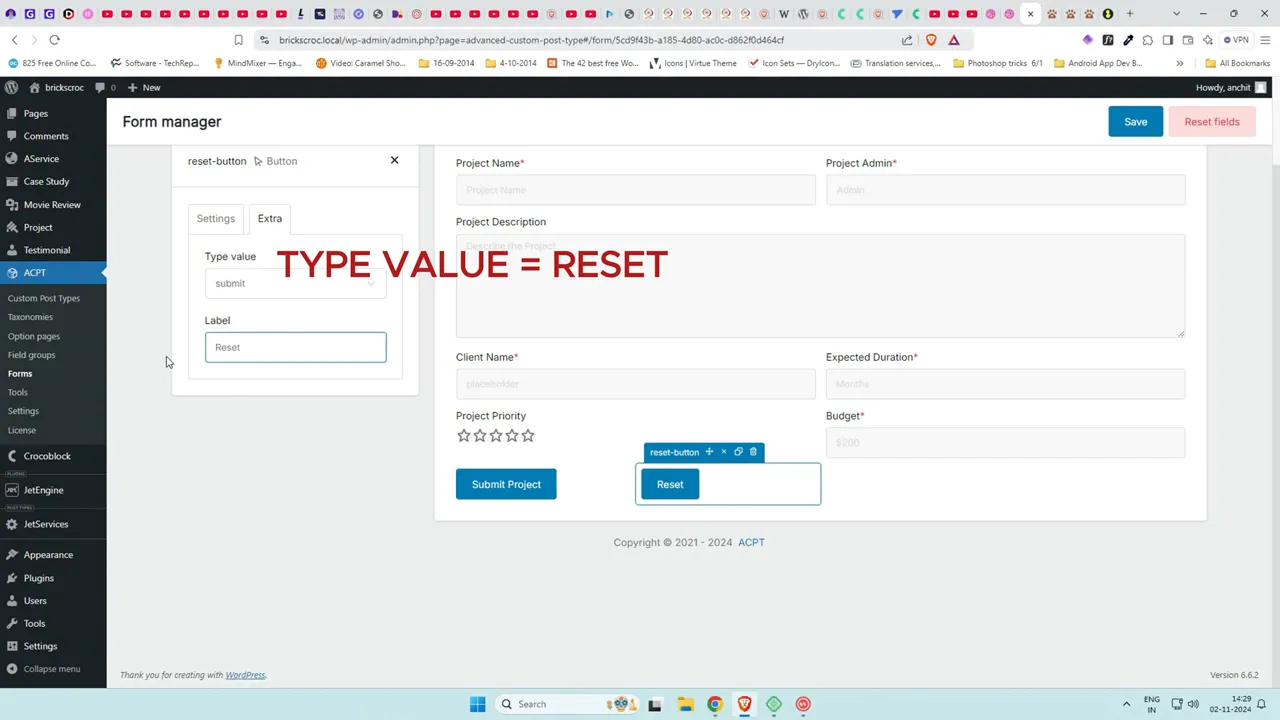 Adding submit and reset buttons in ACPT form builder