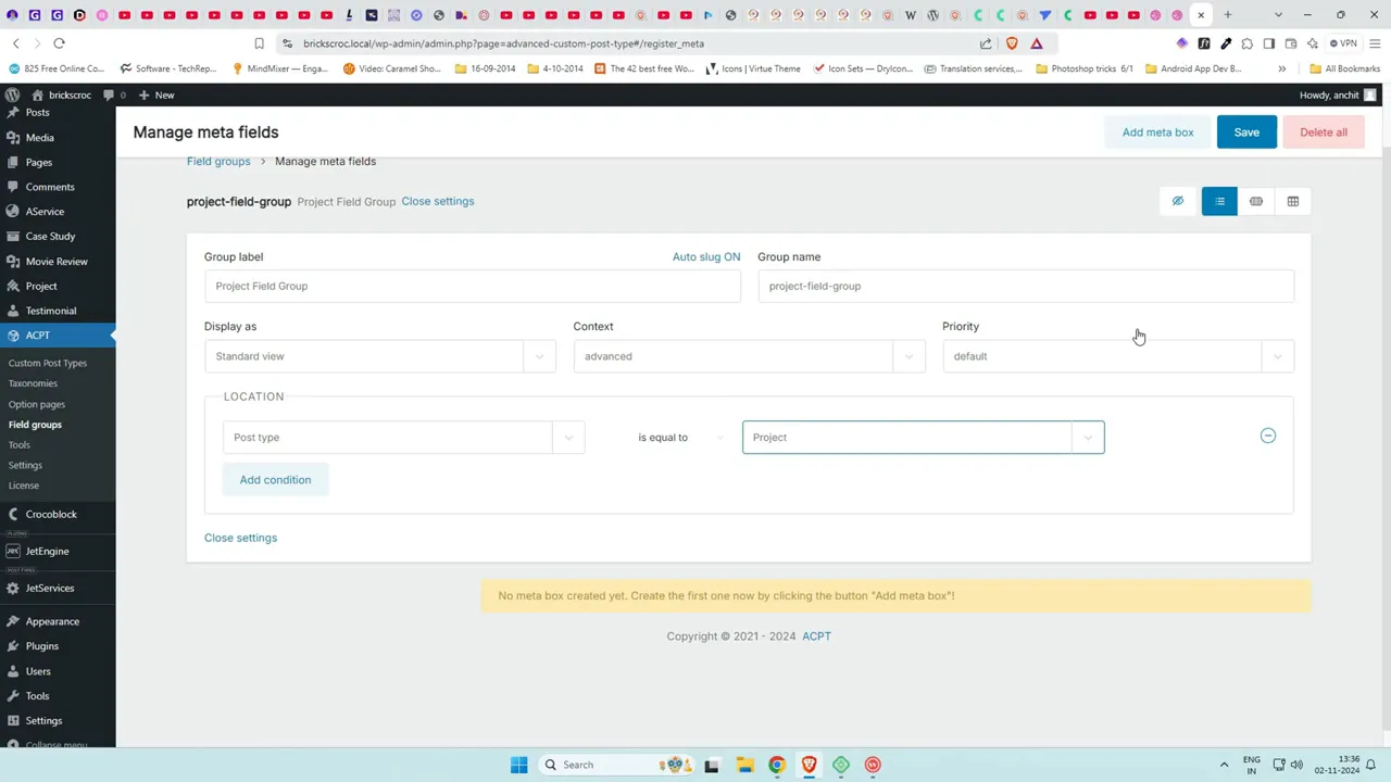 ACPT field groups screen where a field group is being added