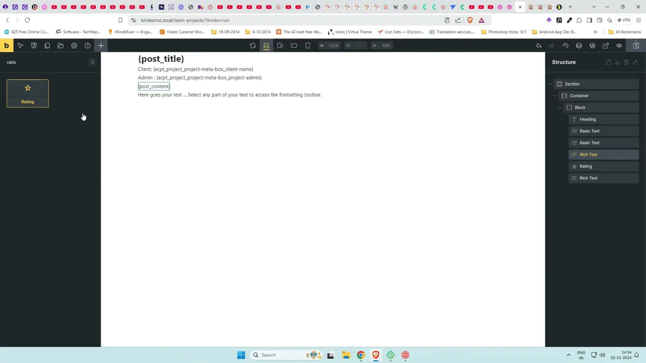 Adding heading, rich text, and rating elements inside Bricks block
