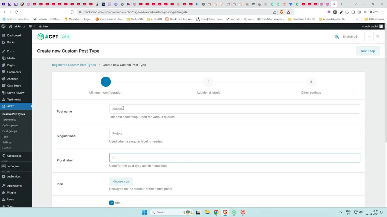 ACPT create new custom post type screen where project name is entered
