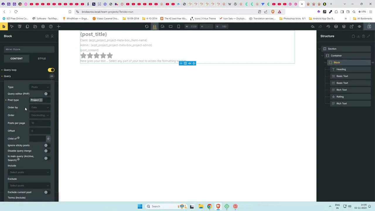 Turning on query loop for the Block element and setting post type to Project