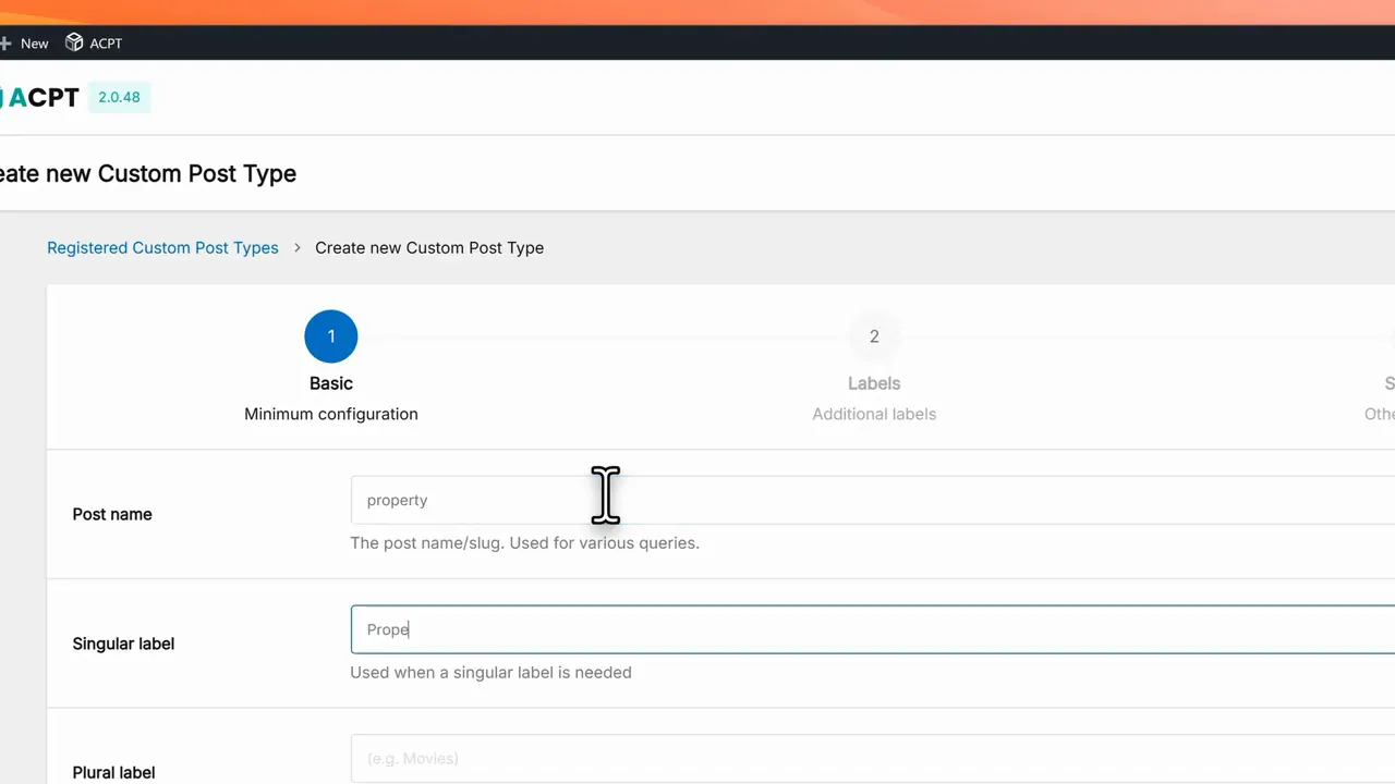 ACPT create new custom post type screen showing 'property' slug and singular label entry